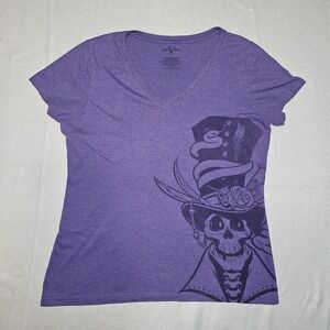 Universal Studios Mardi Gras 2024 Purple Skull Graphic V Neck T Shirt Womens LG